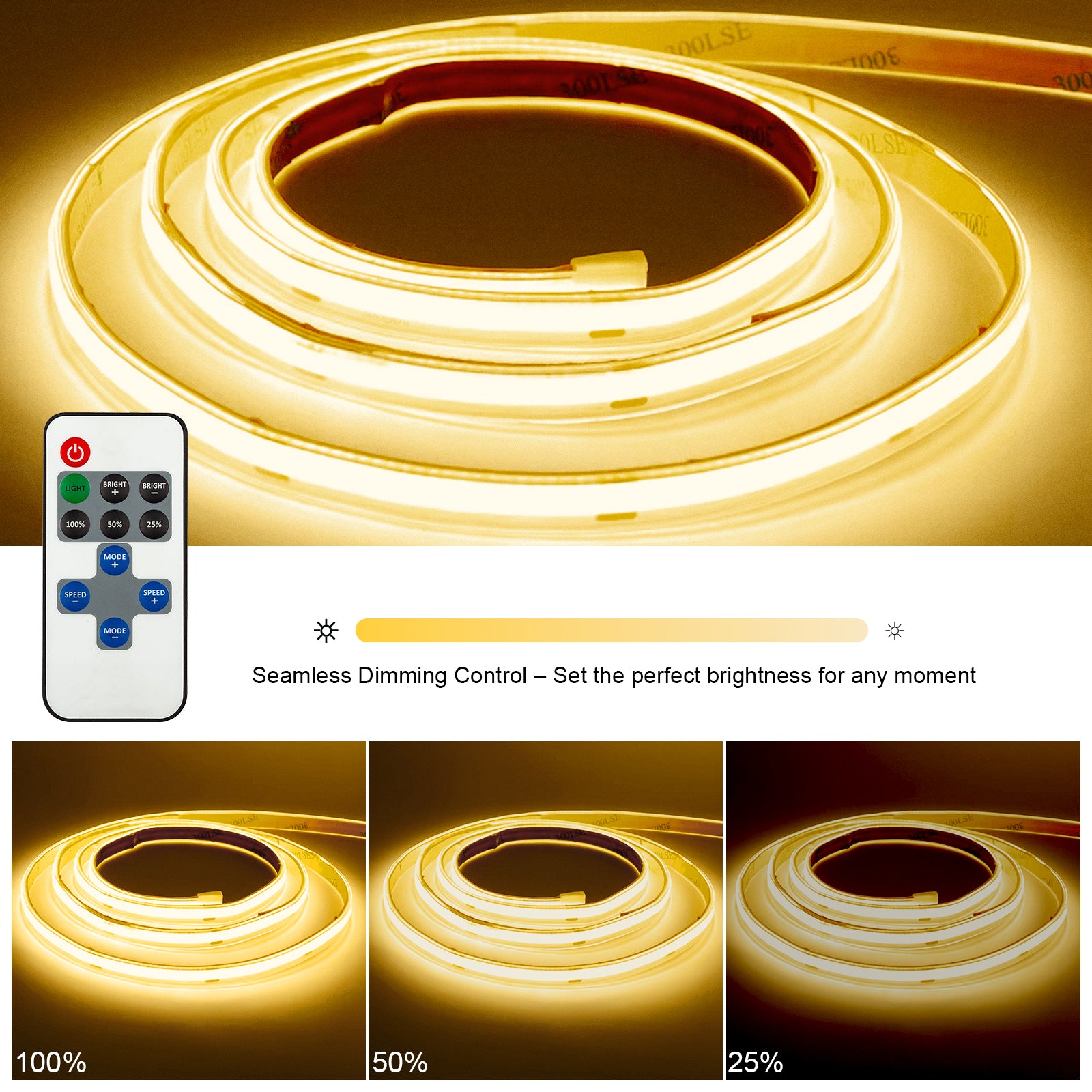 COB LED Strip Light 24V, 5W/M, 320 LEDs/M, 3000K Warm White, 2300 Lumens, 5M Flexible Tape, IP65, (Dimmable)