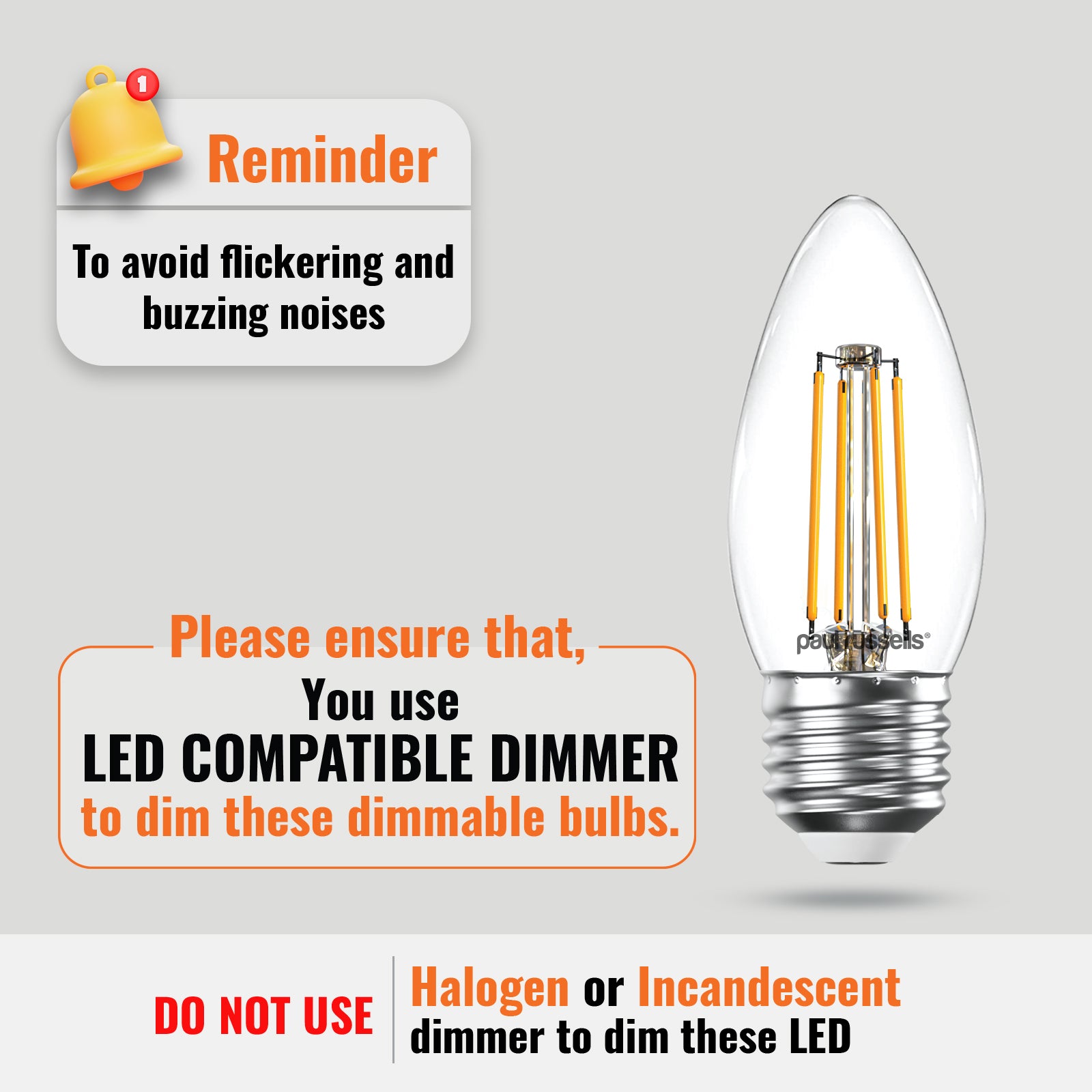 LED Dimmable Filament Candle 4.5W (40w), ES/E27, 423 Lumens, Warm White(2700K), 240V