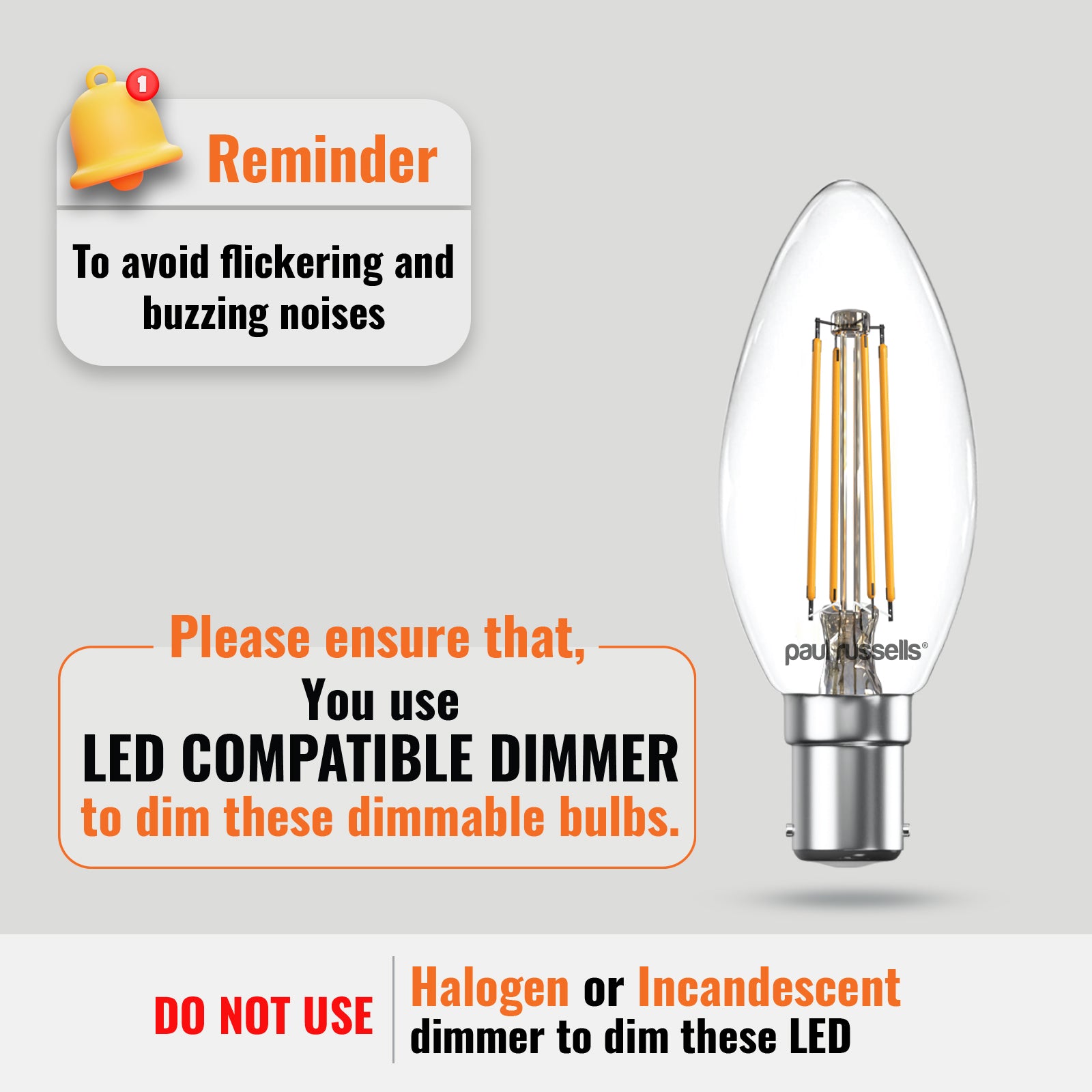 LED Dimmable Filament Candle 4.5W (40w), SBC/B15, 423 Lumens, Warm White(2700K), 240V