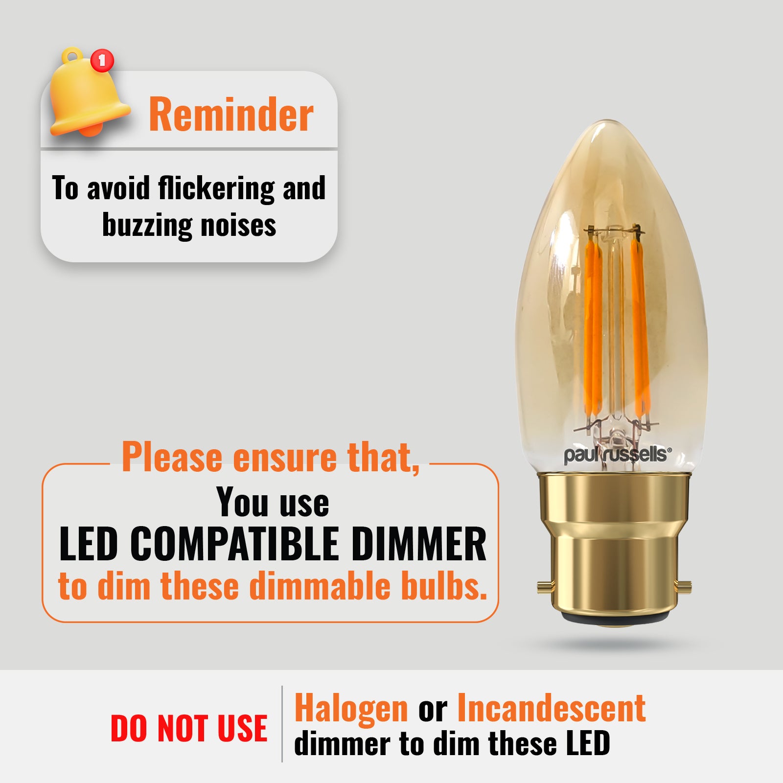 LED Dimmable Filament Candle 4.5W (40w), BC/B22, 423 Lumens, Extra Warm White(2200K), 240V