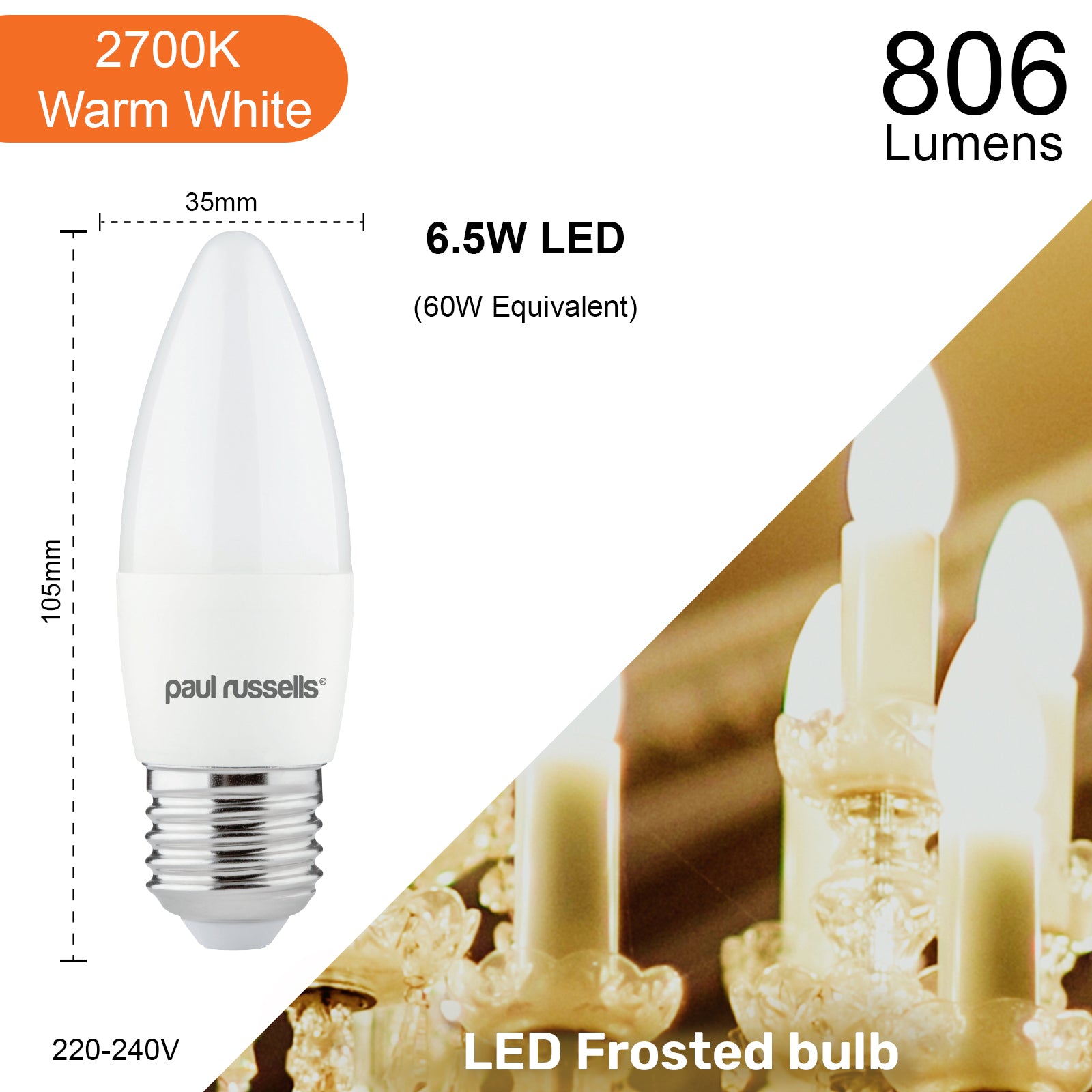 LED Candle 6.5W=60W Warm White Edison Screw ES E27 Bulbs