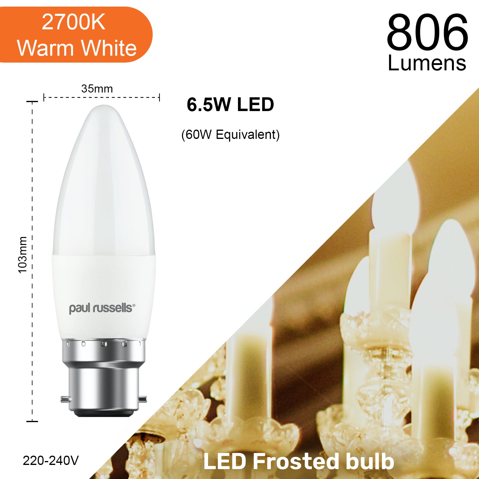 LED Candle 6.5W=60W Warm White Bayonet Cap BC B22 Bulbs