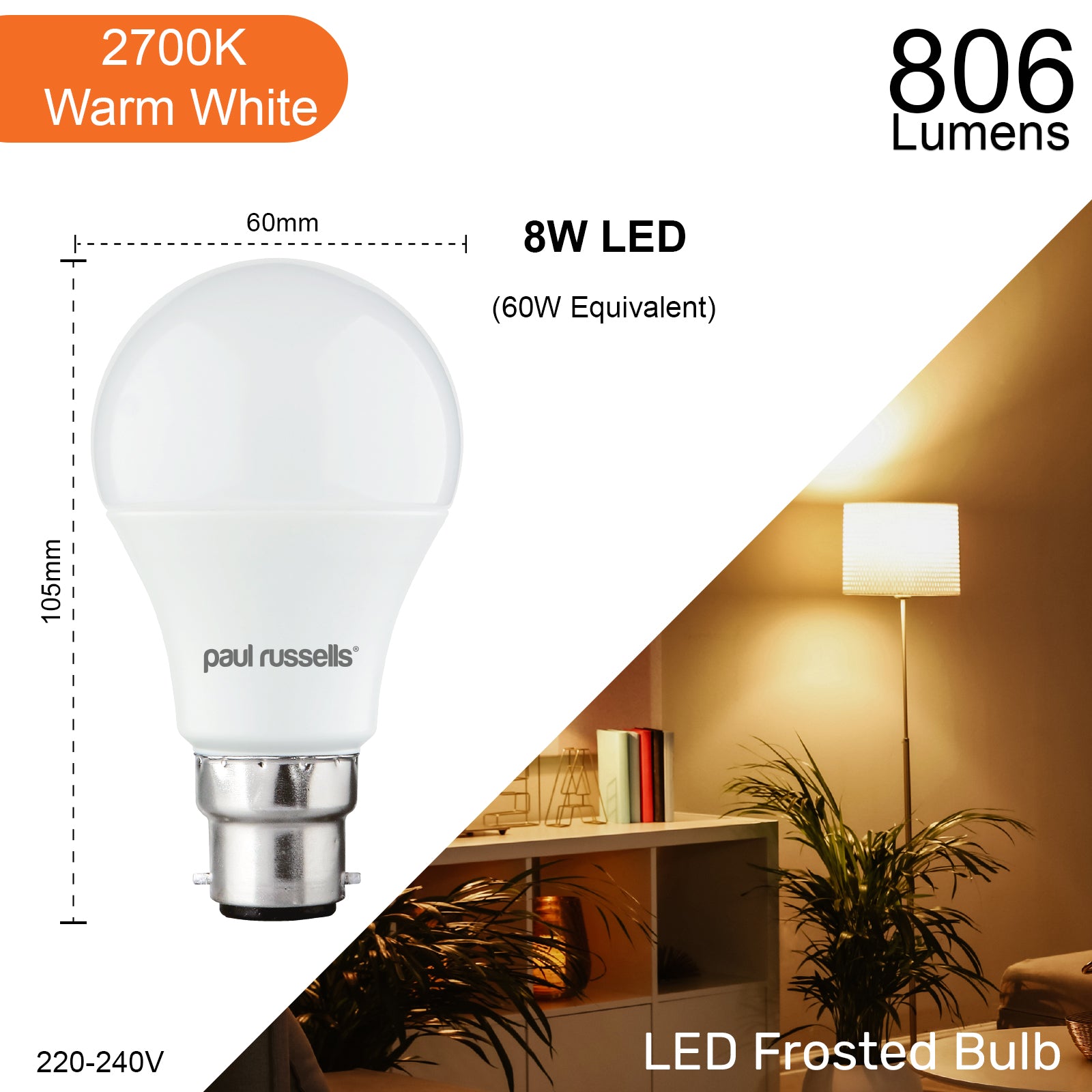 LED GLS 8W=60W Warm White Bayonet Cap BC B22 Light Bulbs