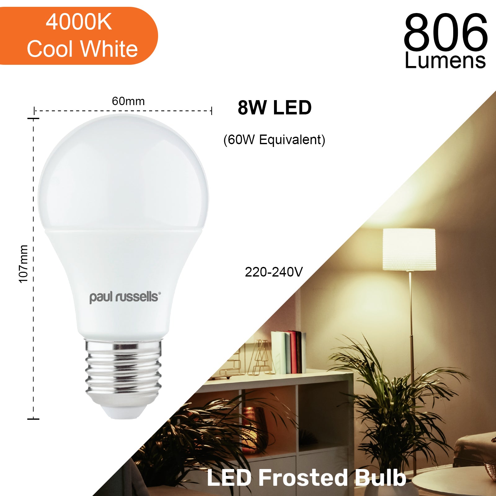 LED GLS 8W=60W Cool White Edison Screw ES E27 Light Bulbs