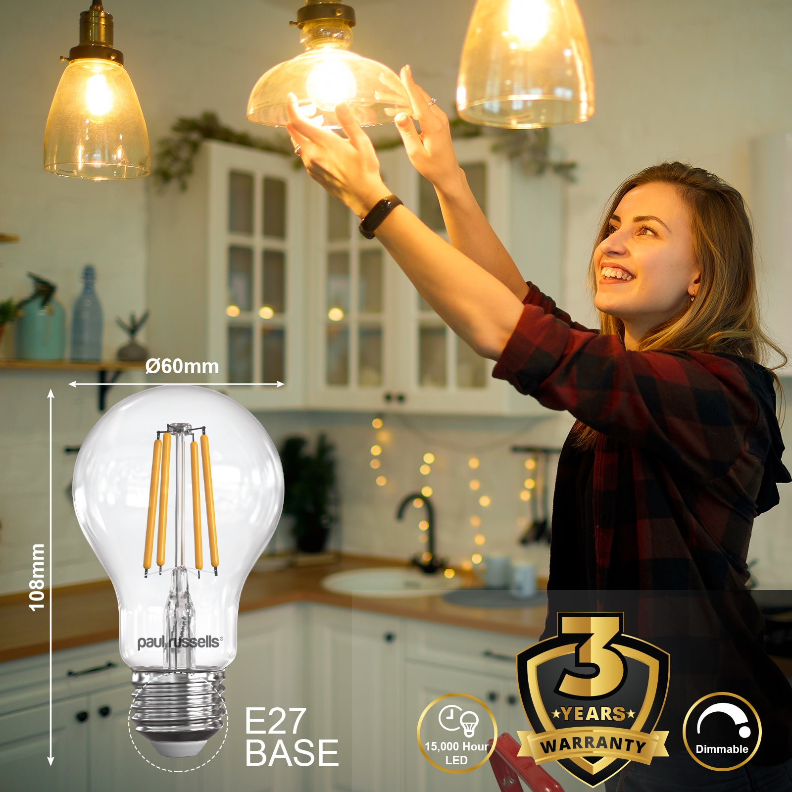 LED Dimmable Filament GLS 12W (100w), ES/E27, 1521 Lumens, Warm White(2700K), 240V