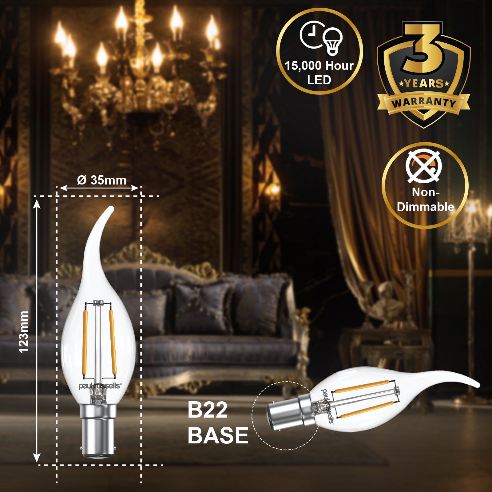 LED Filament Bent Tip Candle 2.5W=25W Warm White 2700K SBC B15 Small Bayonet Cap Bulbs