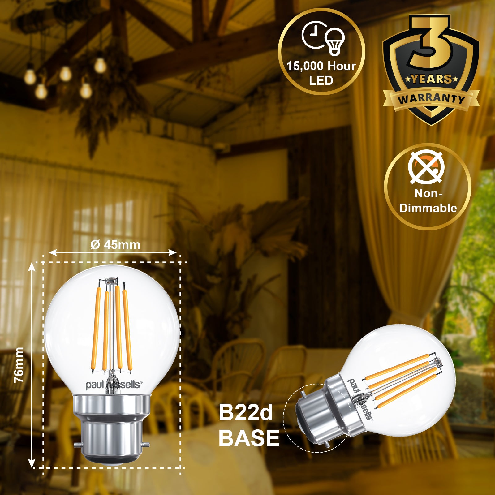 LED Filament GOLF 4.5W=40W Warm White 2700K BC B22 Bayonet Cap Bulbs