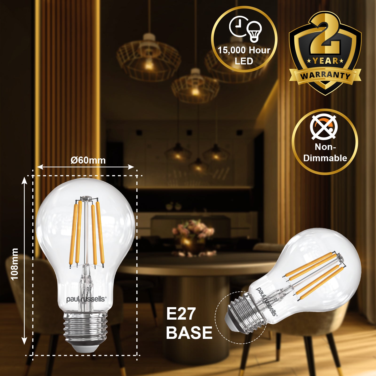 LED Filament GLS 7W=60W Warm White 2700K ES E27 Edison Screw Cap Bulbs