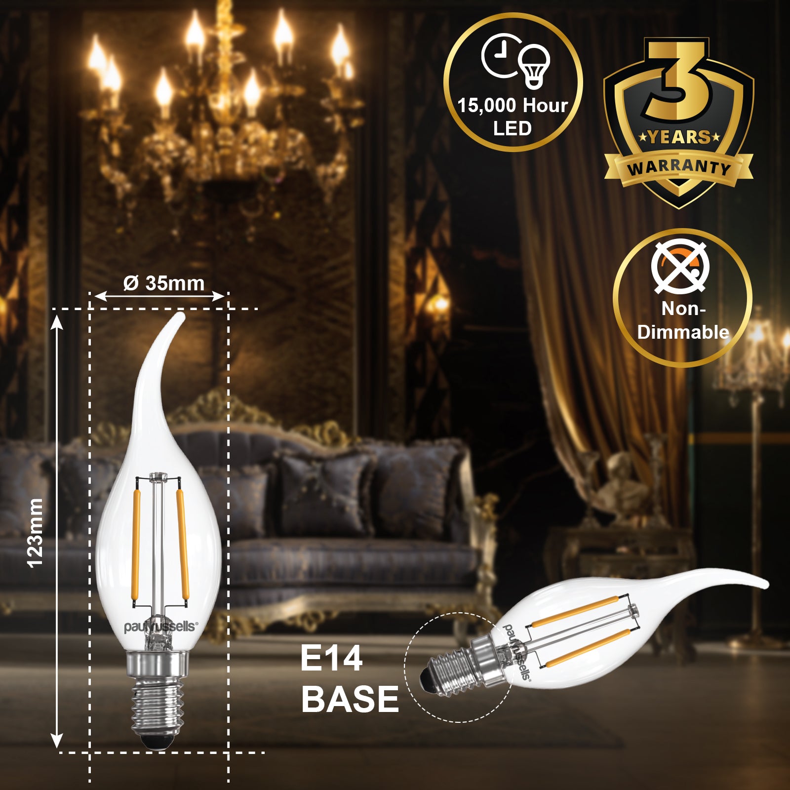 LED Filament Bent Tip Candle 2.5W=25W Warm White 2700K SES E14 Small Edison Screw Bulbs