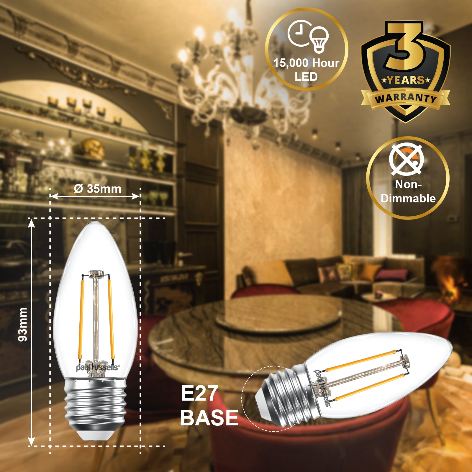 LED Filament Candle 2.5W=25W Warm White ES E27 Edison Screw Cap Bulbs