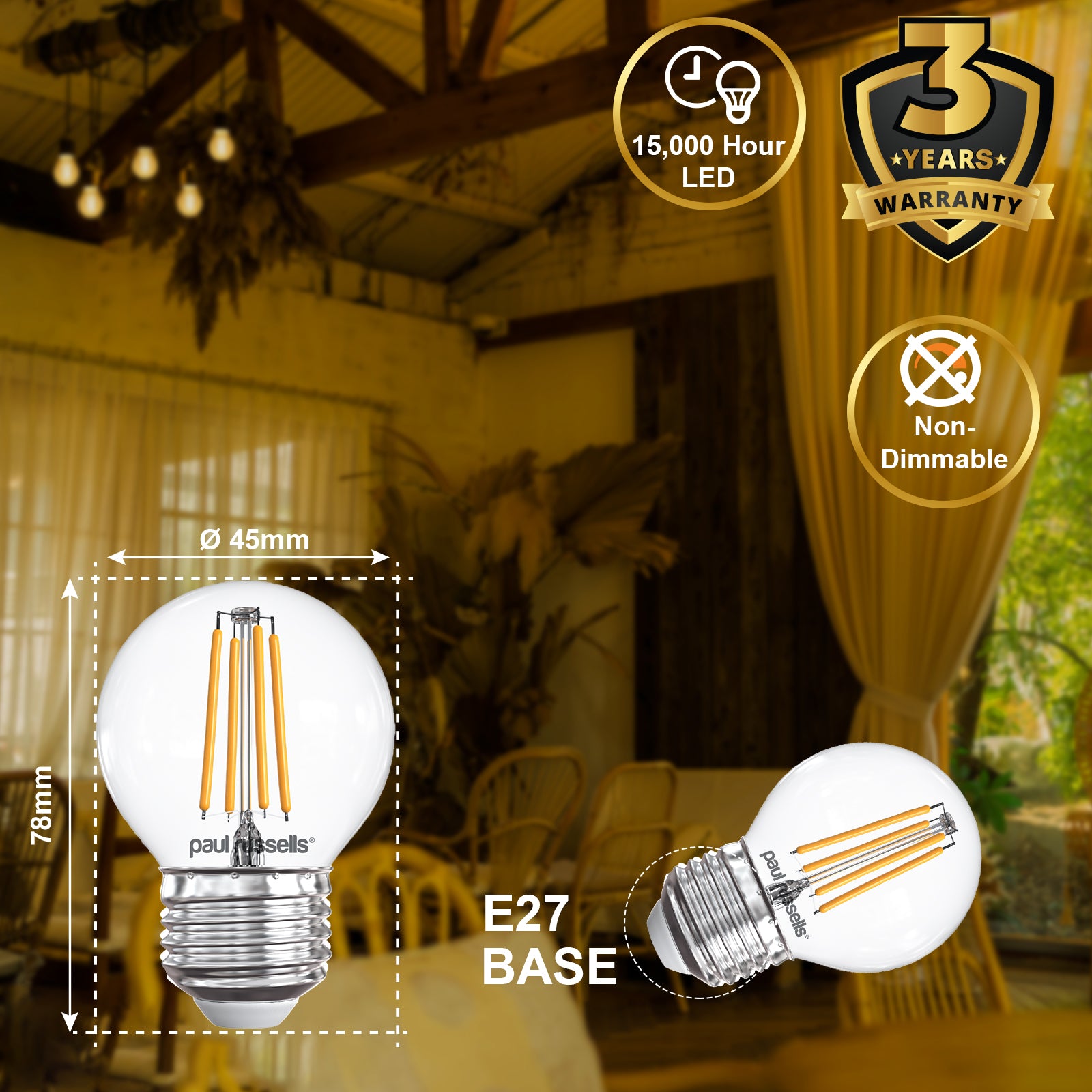 LED Filament GOLF 4.5W=40W Warm White ES E27 Edison Screw Cap Bulbs