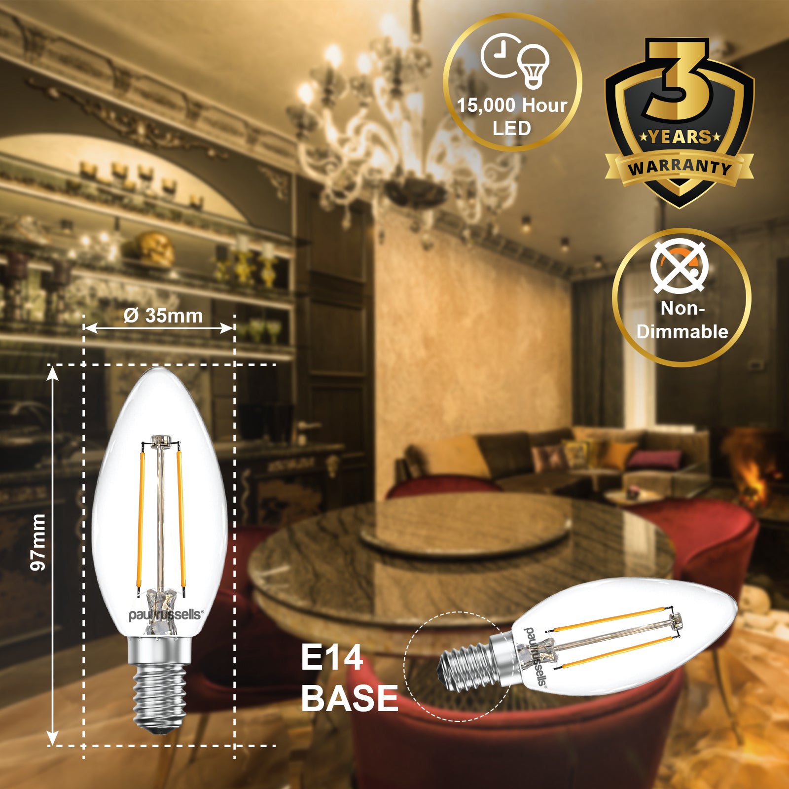 LED Filament Candle 2.5W=25W Warm White 2700K SES E14 Small Edison Screw Cap Bulbs