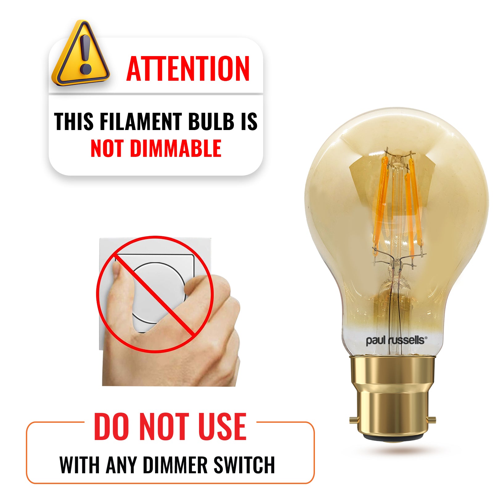 LED Filament GLS 4.5W=35W Extra Warm White Amber 2200K BC B22 Bayonet Cap Bulbs