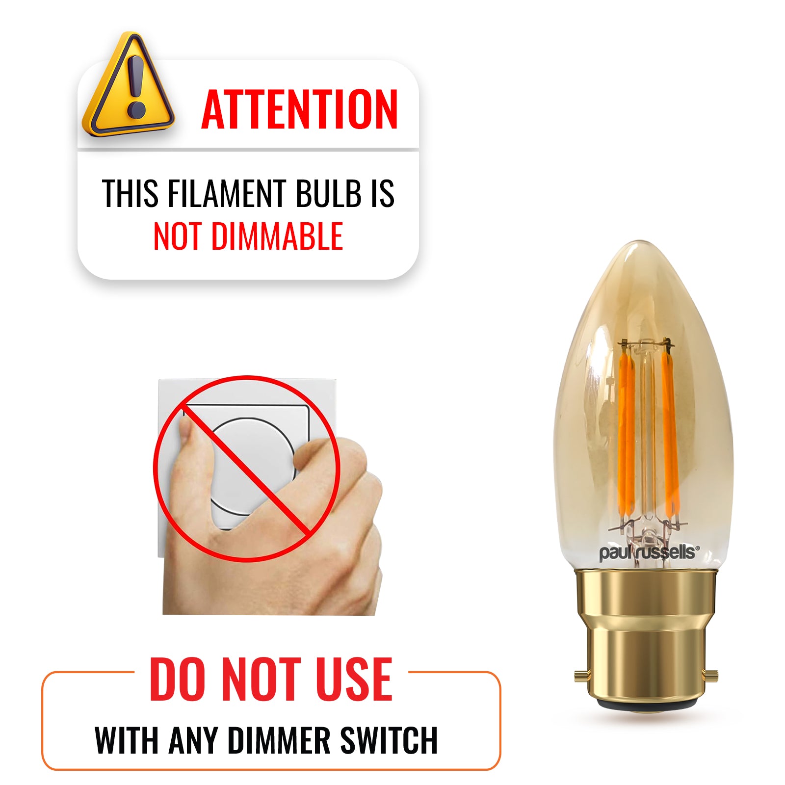 LED Filament Candle 4.5W=35W Extra Warm White Amber 2200K BC B22 Bayonet Cap Bulbs