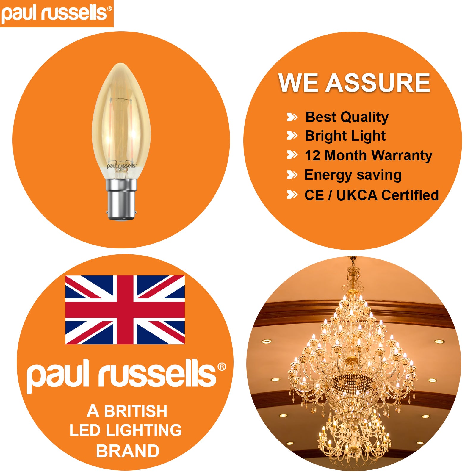 LED Filament Candle 2.5W=20W Extra Warm White Amber 2200K SBC B15 Small Bayonet Cap Bulbs