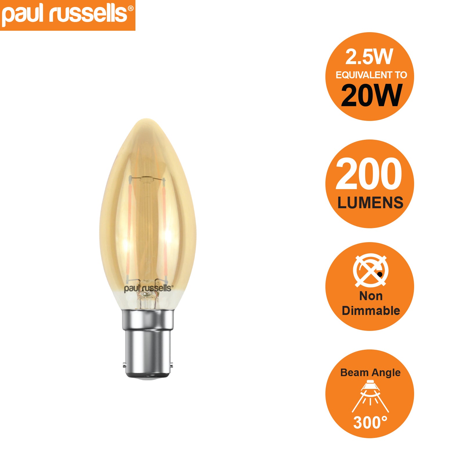 LED Filament Candle 2.5W=20W Extra Warm White Amber 2200K SBC B15 Small Bayonet Cap Bulbs