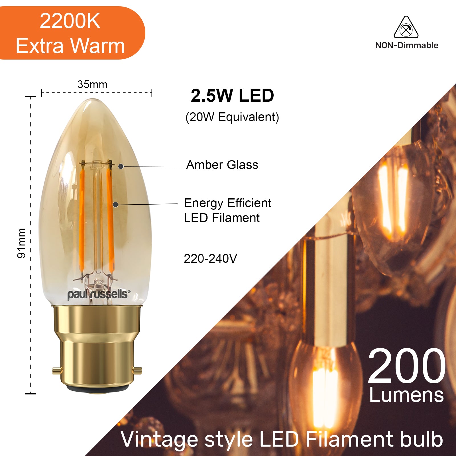 LED Filament Candle 2.5W=20W Extra Warm White Amber 2200K BC B22 Bayonet Cap Bulbs