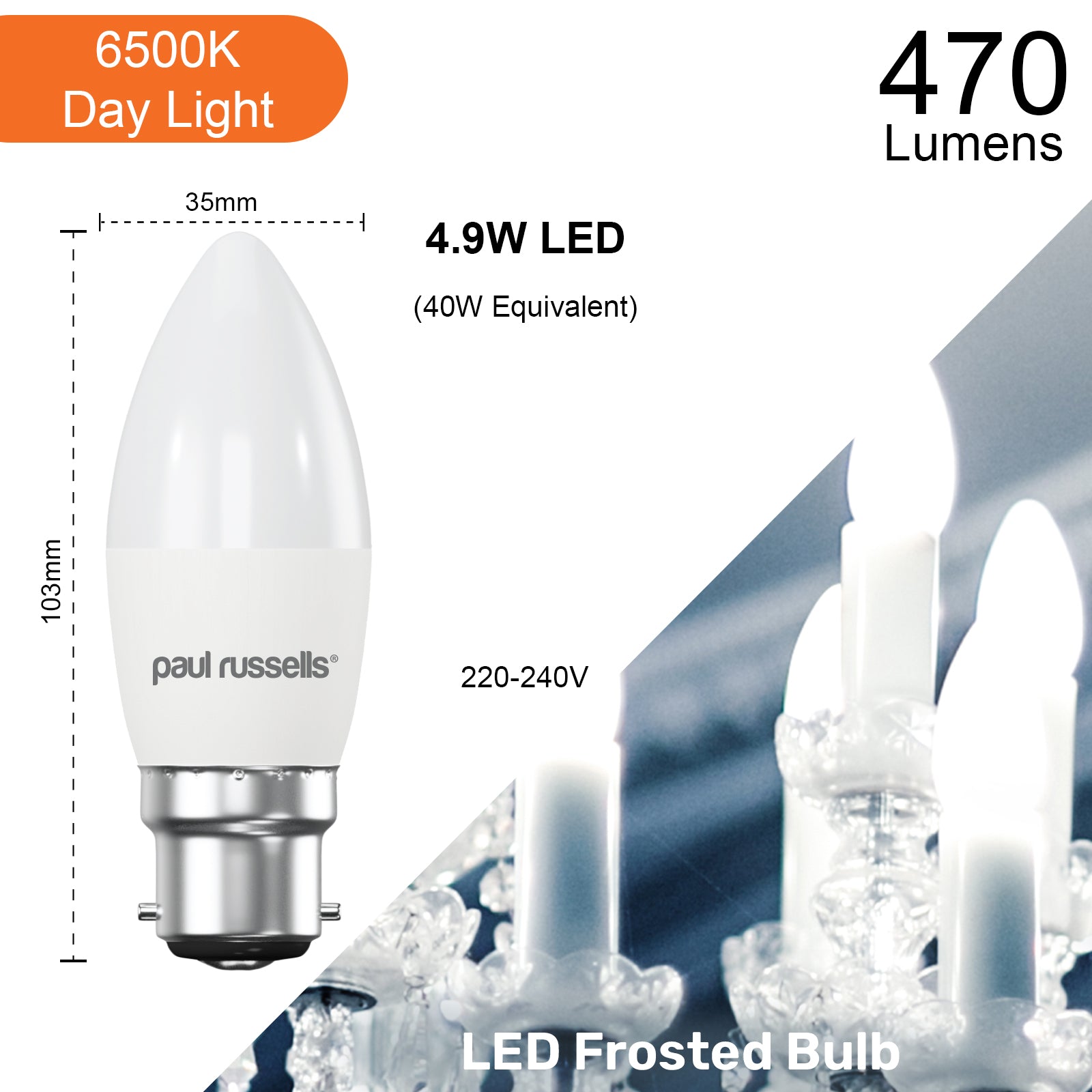 LED Candle 4.9W=40W Day Light Bayonet Cap BC B22 Bulbs