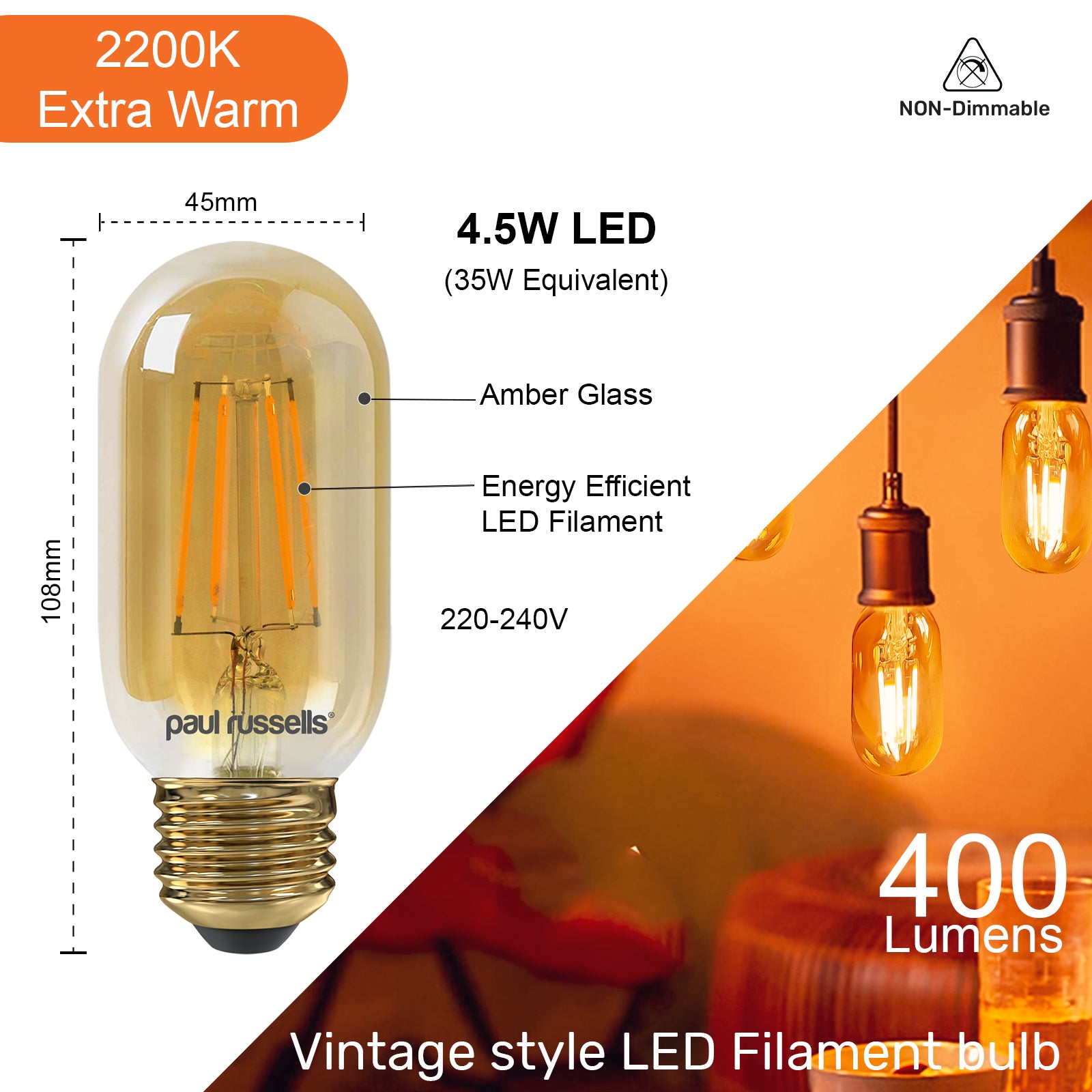 LED Filament T45 4.5W=35W Amber ES E27 Edison Screw Cap Bulb