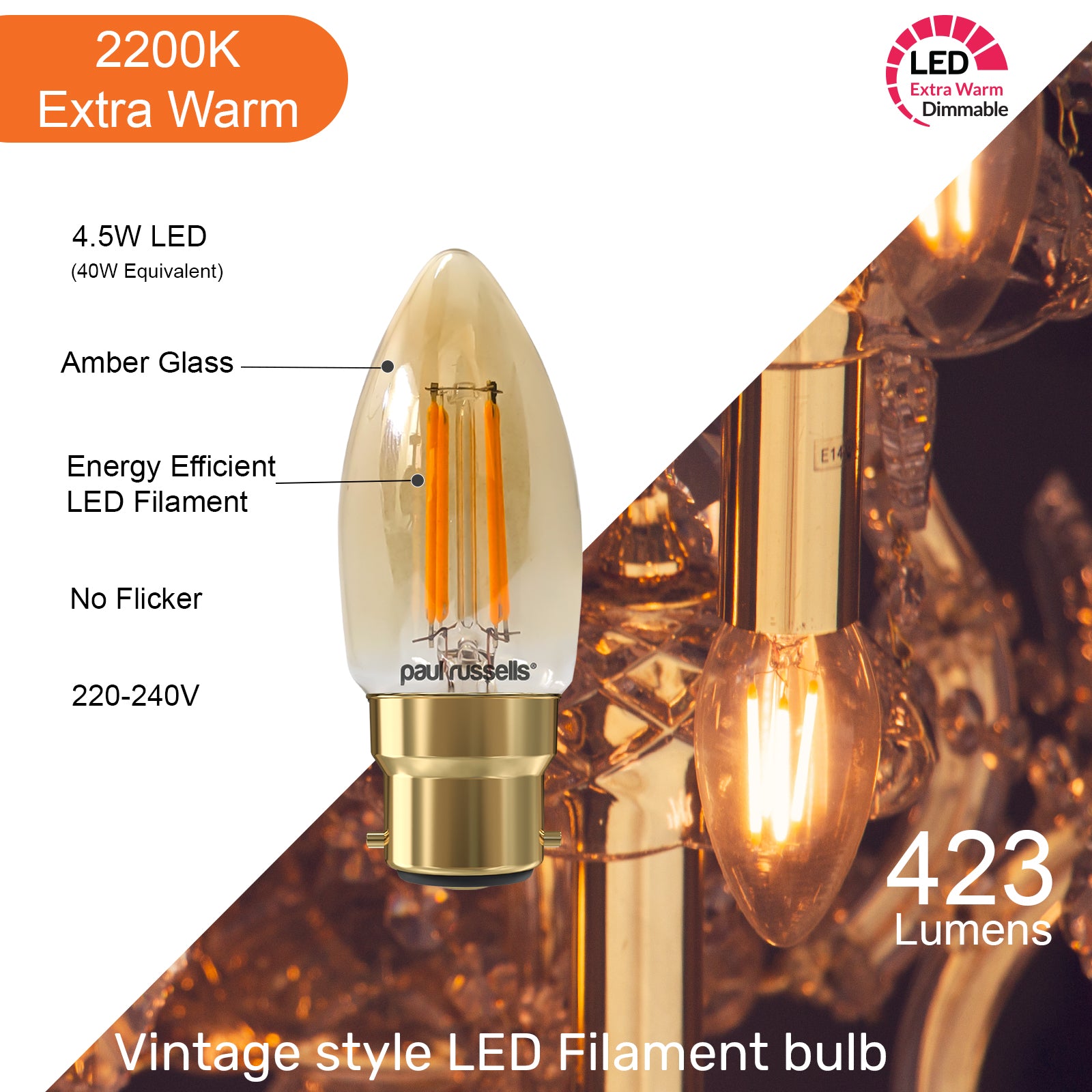 LED Dimmable Filament Candle 4.5W (40w), BC/B22, 423 Lumens, Extra Warm White(2200K), 240V