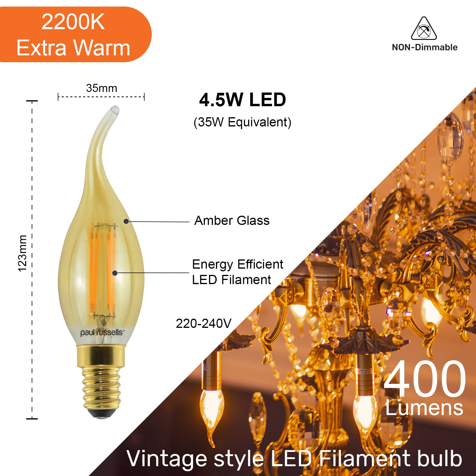 LED Filament Bent Tip Candle 4.5W=35W Extra Warm White (Amber) SES E14 Small Edison Screw Bulbs