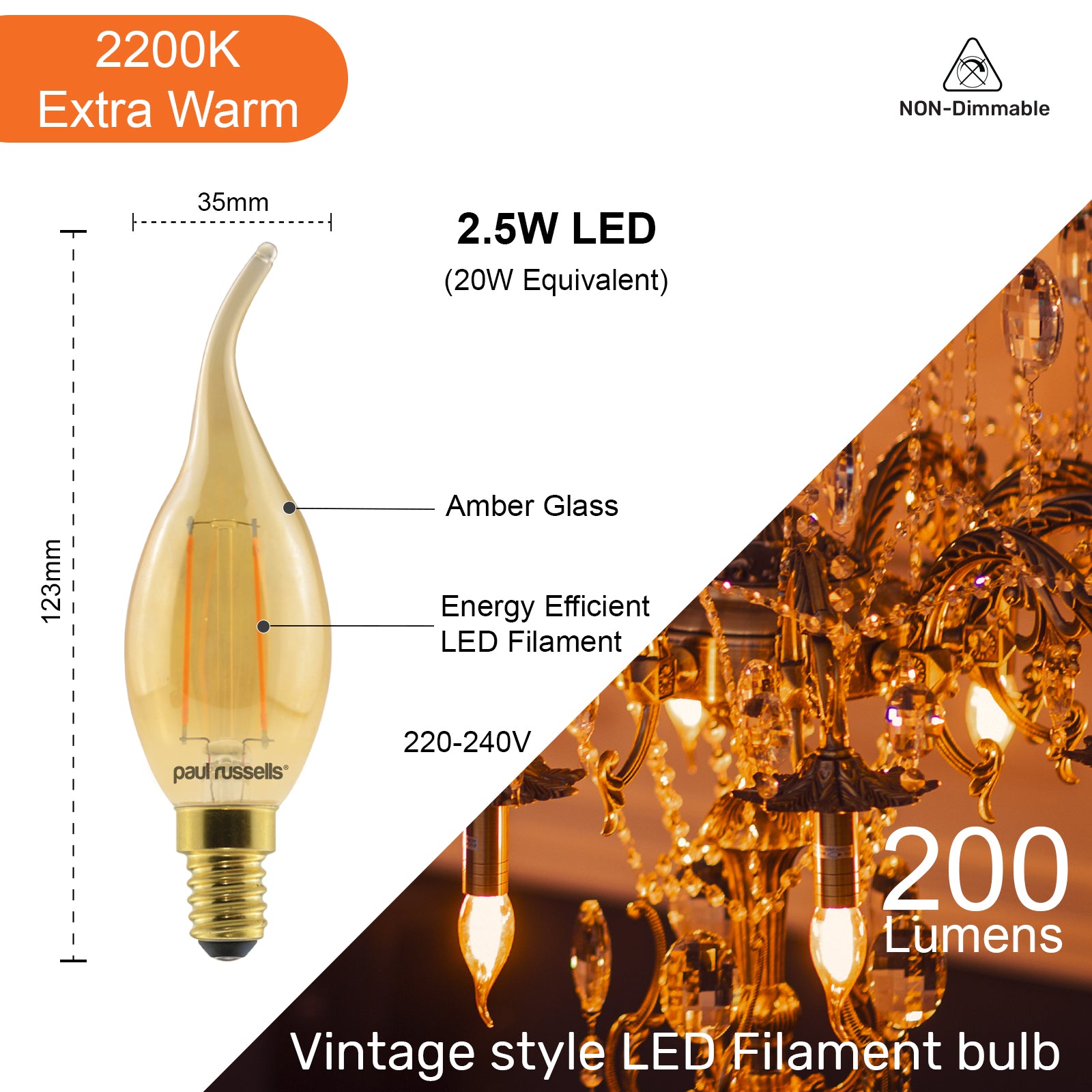 LED Filament Bent Tip Candle 2.5W=20W Extra Warm White (2200K) SES E14 Small Edison Screw Bulbs