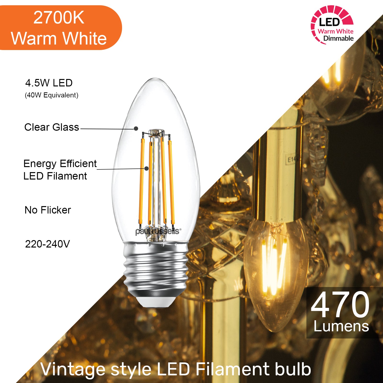 LED Dimmable Filament Candle 4.5W (40w), ES/E27, 423 Lumens, Warm White(2700K), 240V