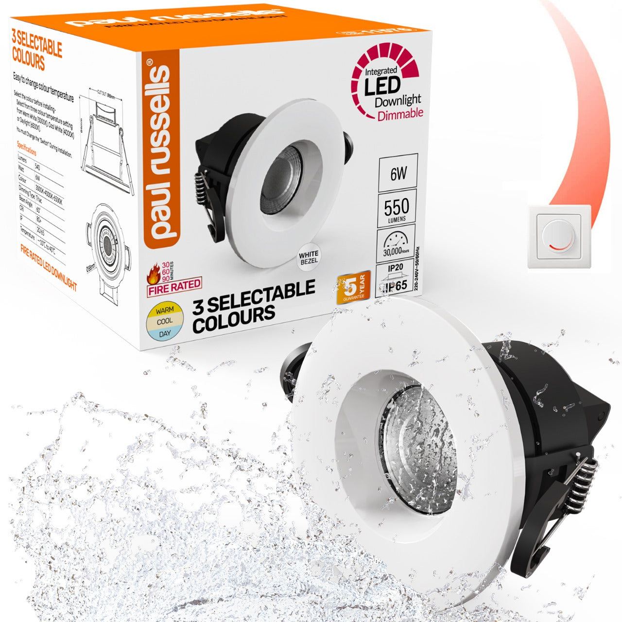 Paul Russells 6W LED Fire Rated Downlight, Dimmable Warm/Cool/Day White 3 Adjustable CCT, IP65, White Bezel