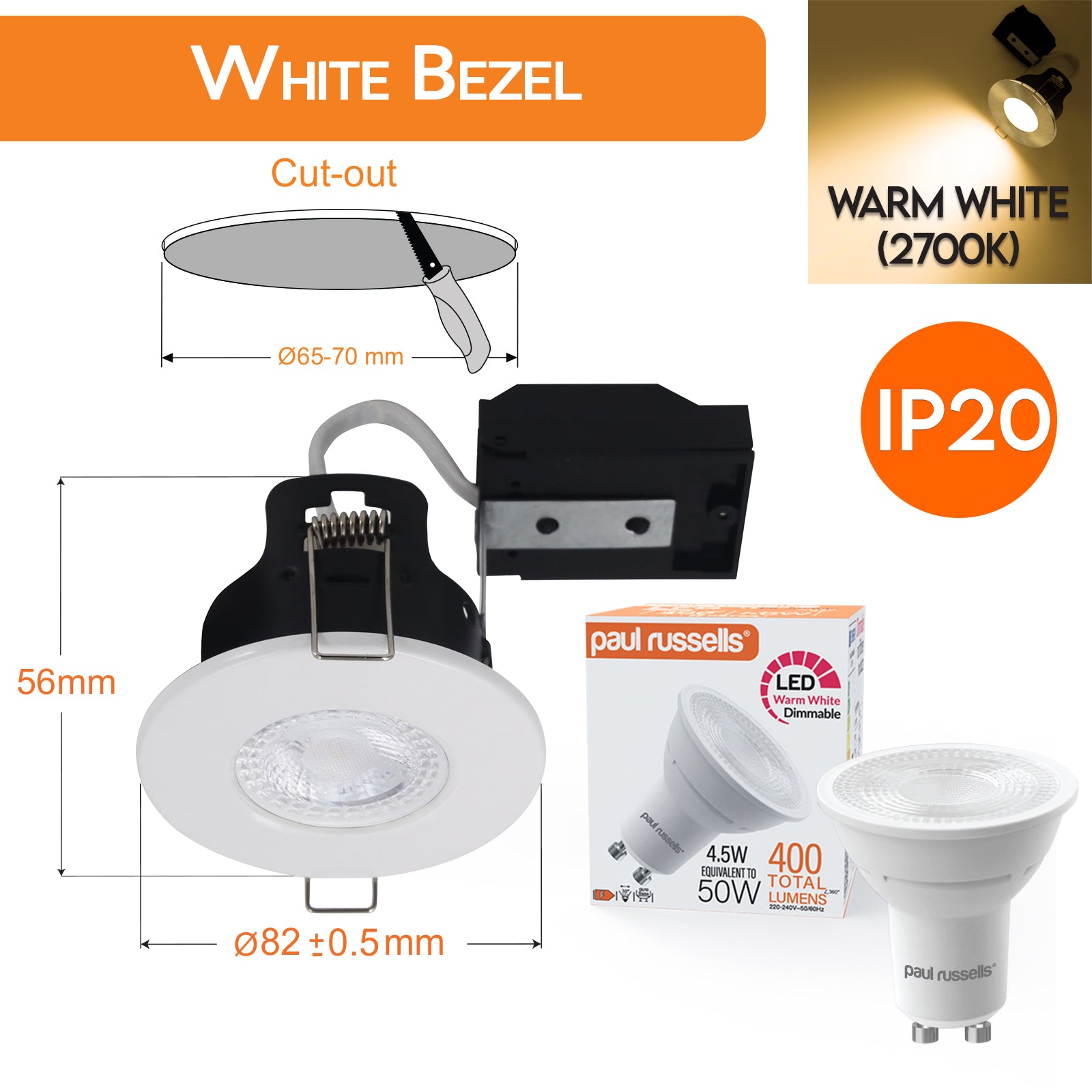 LED Fire Rated Downlights, Recessed Ceiling Lights IP20, Bezel Available In 5 Different Colours