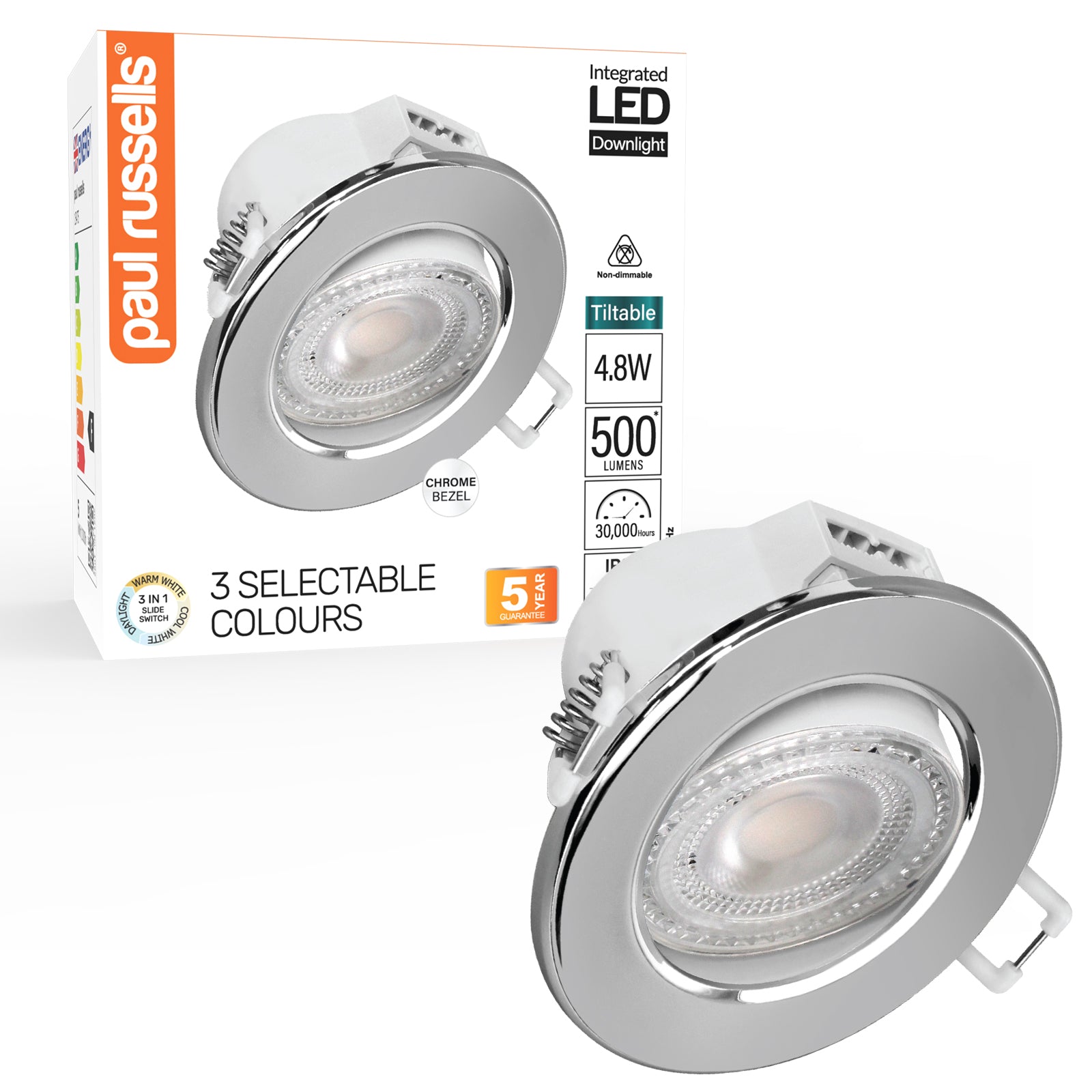 Paul Russells 4.8W LED Non Fire Rated Tiltable Downlight, Warm/Cool/Day White 3 Adjustable CCT, IP44, Chrome Bezel