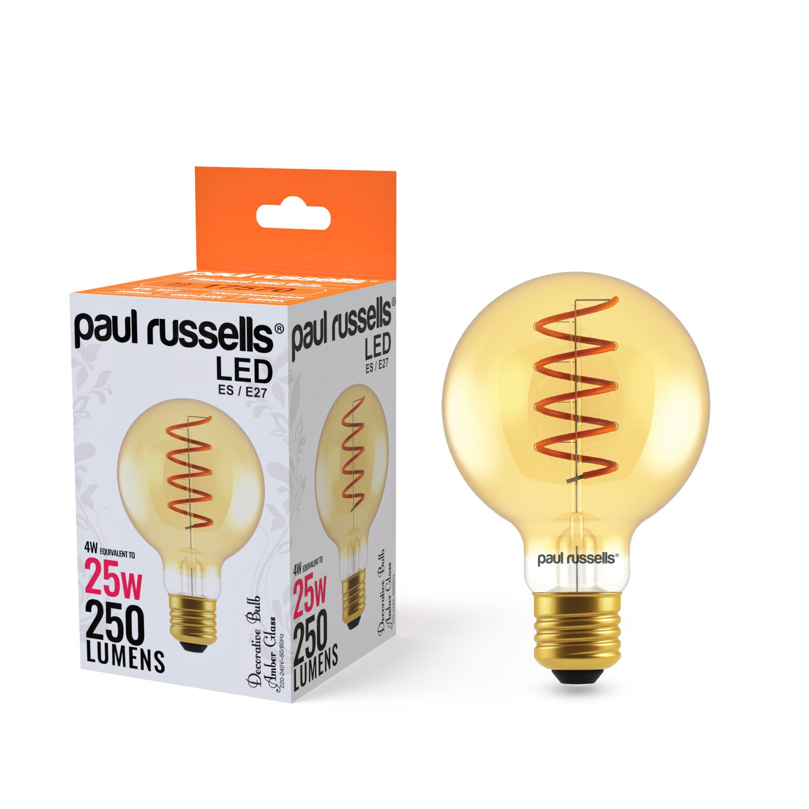 paul LED G80 russells Filament 4W=25w E27 Edison Warm Spiral ES – White Extra (AMBER)